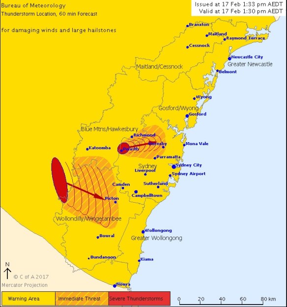 The Bureau of Meteorology issued a severe thunderstorm warning at 1.33pm. 