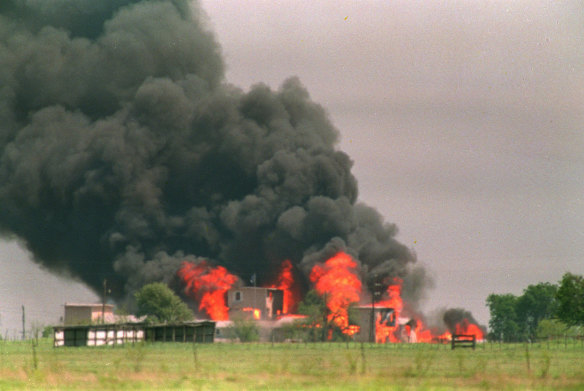 FILE--The Branch Davidian compound in Waco, Texas, is shown engulfed by flames in this April 20, 1993, file photo. 