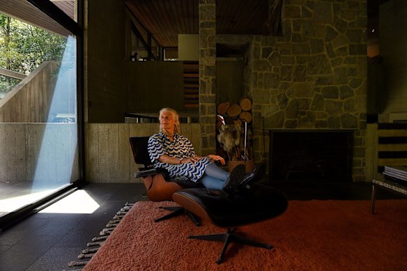 Penelope Seidler in the living room at her home in Killara which was designed and built by both Penelope and her husband Harry Seidler.