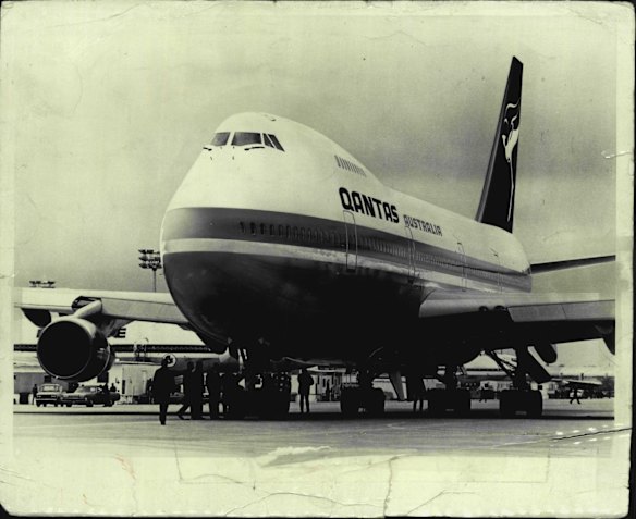 The first Qantas Boeing 747 jumbo jet in 1971. The original caption in The Age read: "This is the 747B in Qantas colours. With its distinctive red tail fin and famous flying kangaroo, it will soon be flying regularly between Sydney and San Francisco, and north from Sydney to Singapore. This aircraft has the largest 747 lounge in the world - known as the Captain Cook Lounge. The lounge has ten windows on each side. (Earlier 747s have only three windows on each side)."