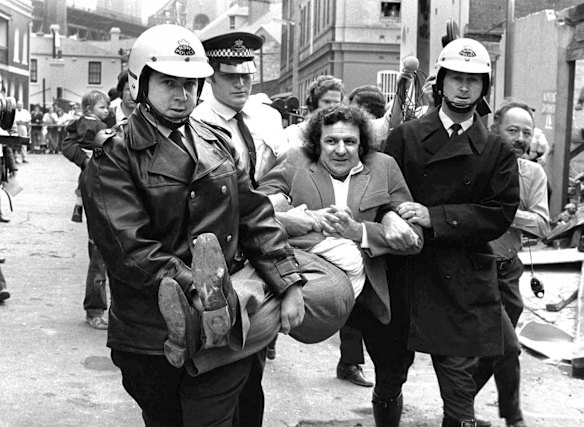 Jack Mundey being carried from a protest at The Rocks in the early seventies.