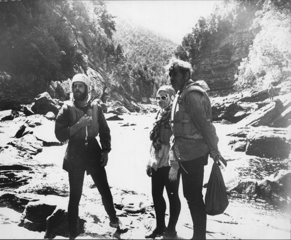 Senator Don Chipp, right, his wife Idun and Tim Shepherd during their five-day Franklin River trip on February 15, 1981.