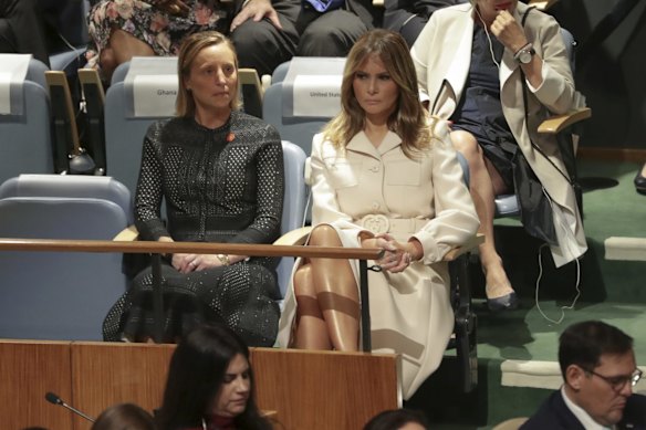 US First Lady Melania Trump listening as President of the United States Donald Trump speaks during the United Nations General Assembly meeting in New York.