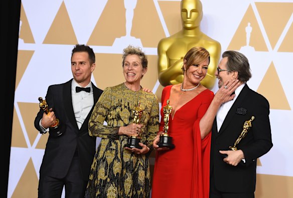 From left: Sam Rockwell (best supporting actor, <i>Three Billboards Outside Ebbing, Missouri</i>), Frances McDormand (best actress, <i>Three Billboards Outside Ebbing, Missouri</i>), Allison Janney (best supporting actress, <i>I, Tonya</i>) and Gary Oldman (best actor, <i>Darkest Hour</i>) pose in the press room with their Oscars.