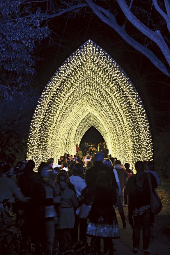 Artist's impression of scene from Vivid festival 2016: Cathedral of Light by Mandylights in the Royal Botanic Garden.