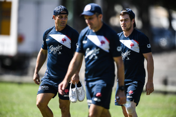 Halkf cooked chooks?: Cooper Cronk (left) and Luke Keary (right) at Roosters training.