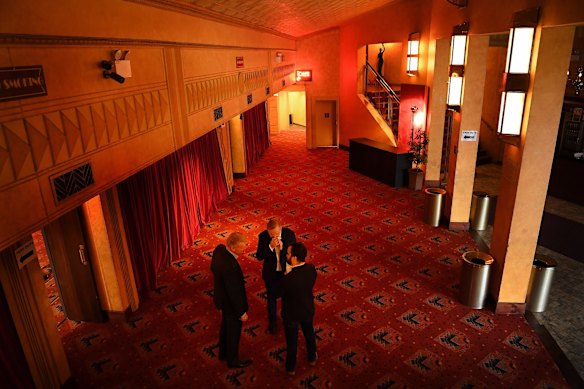 Opposition leader Anthony Albanese talking to Shadow Minister for the Arts and Shadow Minister for Industrial Relations Tony Burke at the Enmore Theatre, 29th May 2020.