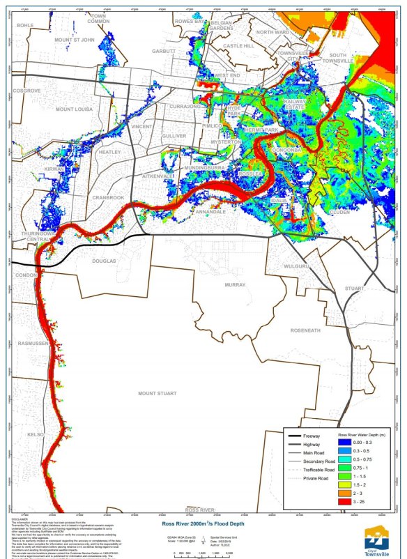A detailed map of Townsville suburbs at risk of flooding when the Ross River Dam spill gates are opened fully on Sunday night.