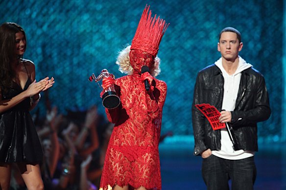 Lady Gaga accepts the award for "Best New Artist" from Eminem at the 2009 MTV Video Music Awards.