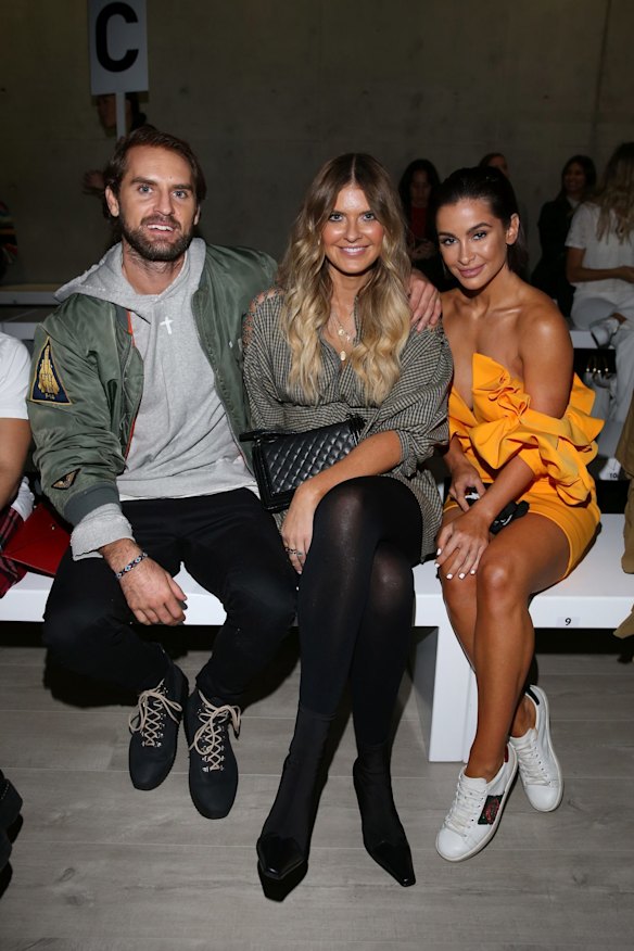 Ellie Gonsalves, Joel Patfull and Elle Ferguson attend the Acler show at Mercedes-Benz Fashion Week Resort 19 Collections at Carriageworks on May 16.