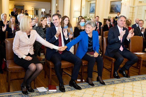 Finance Minister Katy Gallagher, Treasurer Jim Chalmers, Minister for Foreign Affairs Penny Wong and Deputy Prime Minister Richard Marles during a swearing-in ceremony with Governor-General David Hurley at Government House in Canberra.