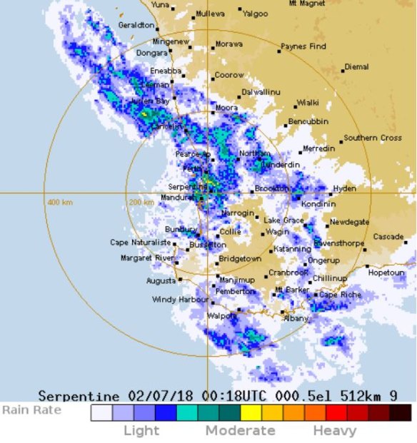 The BOM WA rain radar as of 8.30am on Monday.