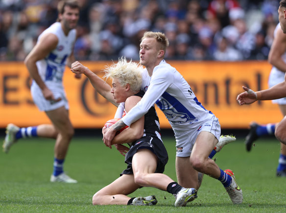 In the spotlight: Jack Ginnivan earned a high-contact free kick from this Jaidyn Stephenson tackle.