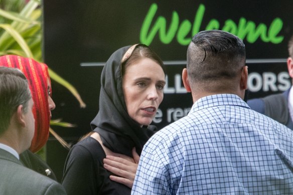 New Zealand Prime Minister Jacinda Ardern meets with some of the Muslim community at the Hagley College.