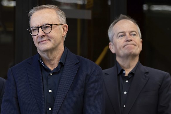 Opposition Leader Anthony Albanese and Shadow Minister for the National Disability Insurance Scheme Bill Shorten  address the media at a doorstop interview during a visit to the Swan Transit Joondalup Bus Depot, in Joondalup, WA, on Saturday 30 April 2022. 