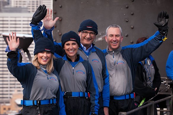Seven Network's Sunrise team at the Melbourne Cup Carnival Launch on the Sydney Harbour Bridge in 2014v (from right to left) Mark Beretta, David Koch, Natalie Barr and Samantha Armytage.