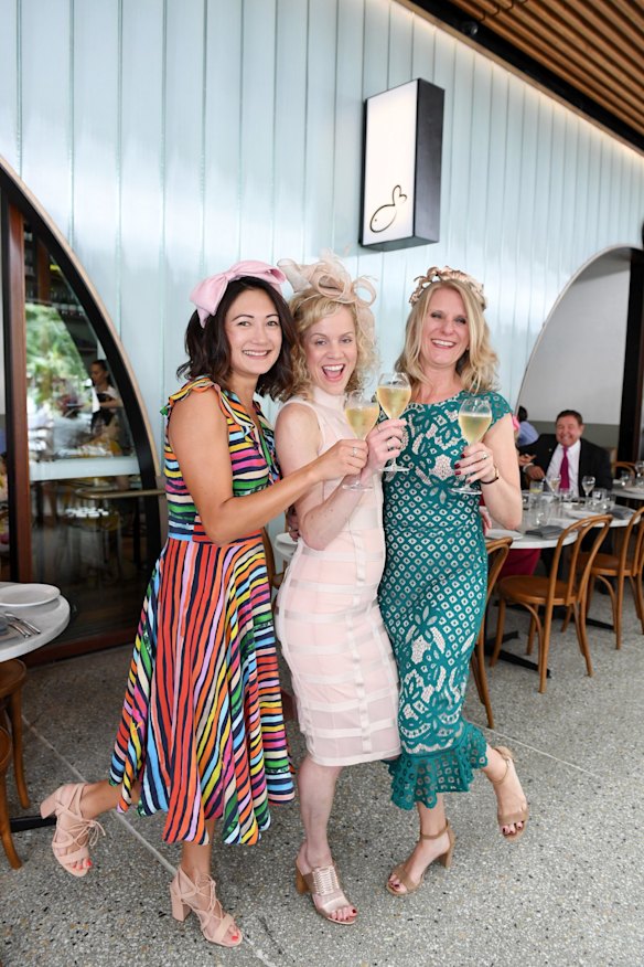 Alisha Allen, Sophie Cooley and Julie Stailey at the Love.Fish Melbourne Cup lunch in Barangaroo.