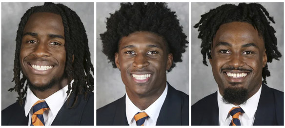 From left, Devin Chandler, Lavel Davis Jr. and D’Sean Perry. The three Virginia football players were killed in a shooting in Charlottesville, Virginia. 