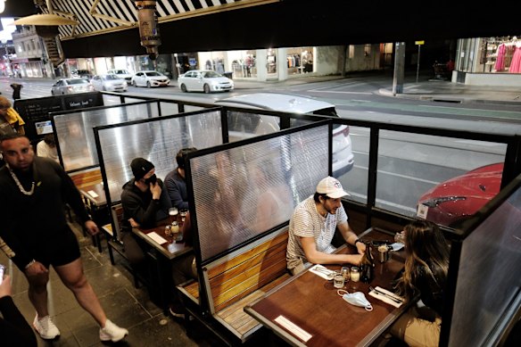 Benjamin Krongold and Ariella Goldman (booth in foreground) were among those ready to share a late night meal. “We called them up and asked about availability and they said they were opening and they were super excited. Even the waiter said he hasn’t set tables in 10 weeks; he forgot how to do it," Mr Krongold said.