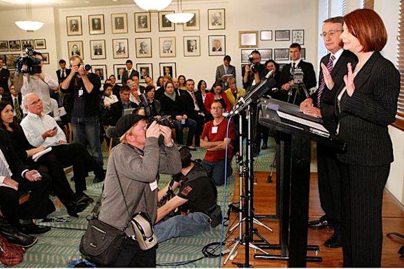 Designate Prime Minister Julia Gillard holds a press conference at Parliament House Canberra.