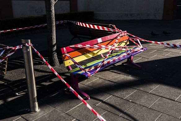 Taped-up public seating in Summer Hill during Sydney's latest lockdown. 17 July, 2021.