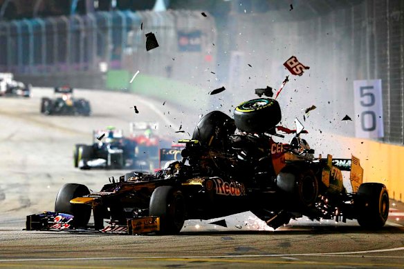 Michael Schumacher was involved in several high-speed racing crashes during his career. Here he crashes into the back of Jean-Eric Vergne's Toro Rosso during the Singapore Formula One Grand Prix.