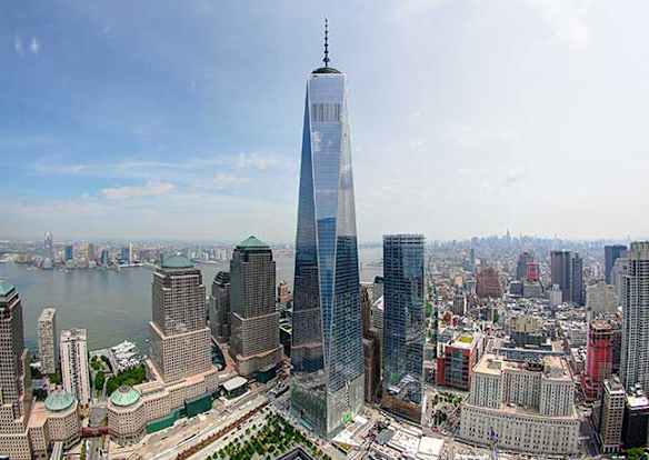 ONE WORLD TRADE CENTRE, NEW YORK: This skyscraper on the site of the Twin Towers destroyed during the 9/11 attacks is a symbolic 1776 feet (541 metres), the date of American independence, and has a striking façade of angled, mirrored glass tapering towards the summit in an echo of the Empire State and Chrysler buildings. The world's fastest lifts bring you to the 102-storey observation deck in 47 seconds. 