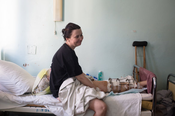 Natalya Vakula, aged 44, who was injured during shelling in Chernihiv.