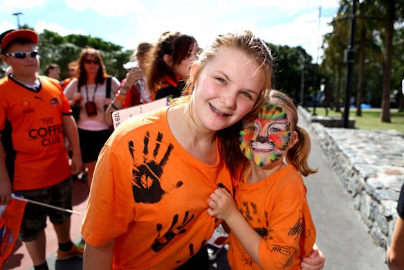 Brisbane Roar fans Lexy Marsden, 14, and Amelia Marsden, 6, from Springwood, at the Grand Final Saturday at Suncorp Stadium, Brisbane ahead of the A-League 2014 Grand Final.