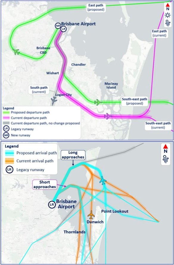 The Noise Action Plan’s proposed departures (top) and arrivals (bottom) for suburbs to Brisbane’s south and east.
