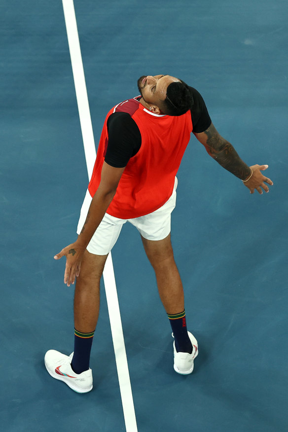 Kyrgios delights the crowd with a Cristiano Ronaldo celebration. 