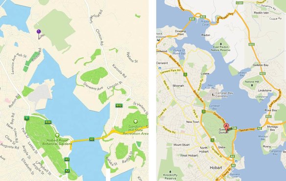 River Derwent in Hobart shown on Apple Maps, left, and right on Google Maps. Apple Maps disconnects the river using land (it is not disconnected).