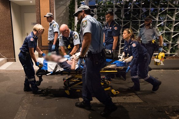 2:11am. NSW Ambulance Paramedics and Police officers perform CPR on a 40 year old male who collapsed with a cardiac arrest at Easts Leagues Club. He was transported to St Vincent's Hospital. 
