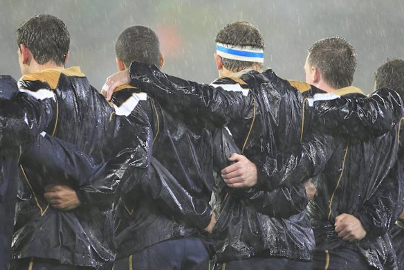 The Scottish team during their national anthem.