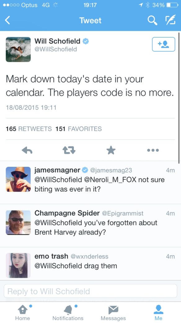 Will Schofield's quickly deleted tweet.