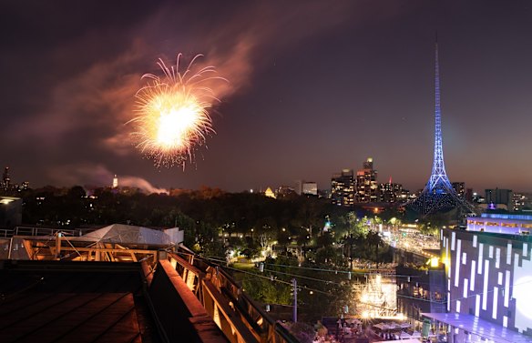 Family fireworks over Domain Gardens from Fed Square.