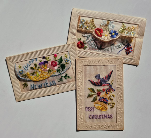 The postcards were exquisitely hand-embroidered by French women.