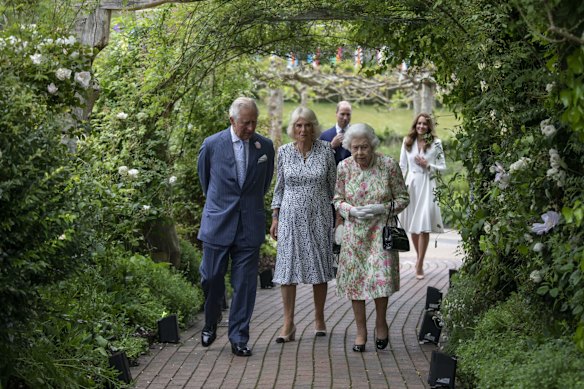 Prince Charles, Prince of Wales, Camilla, Duchess of Cornwall, Queen Elizabeth II, Prince William, Duke of Cambridge and Catherine, Duchess of Cambridge arrive for a drinks reception for Queen Elizabeth II and G7 leaders at The Eden Project during the G7 Summit on June 11, 2021 in St Austell, Cornwall, England. 