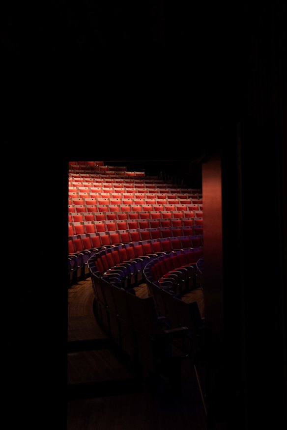 Looking through the door into the empty stalls of the Joan Sutherland Theatre. The stage has been used to record live-streamed performances as part of the Sydney Opera House’s Digital Season.