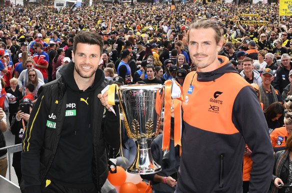 This time: Trent Cotchin denied Phil Davis and the Giants the 2019 premiership, but the Tigers great hopes the Giants go all the way this September.