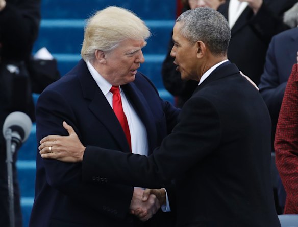 President-elect Donald Trump, left, shakes hands with President Barack Obama before the 58th Presidential Inauguration at the U.S. Capitol in Washington, Friday, Jan. 20, 2017. (AP Photo/Patrick Semansky)