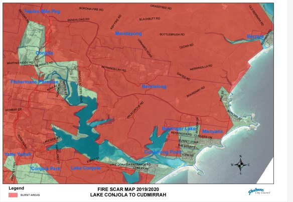 A map showing scarring from the Currowan bushfire around Manyana, with the forest slated for development, near the bottom right, untouched.