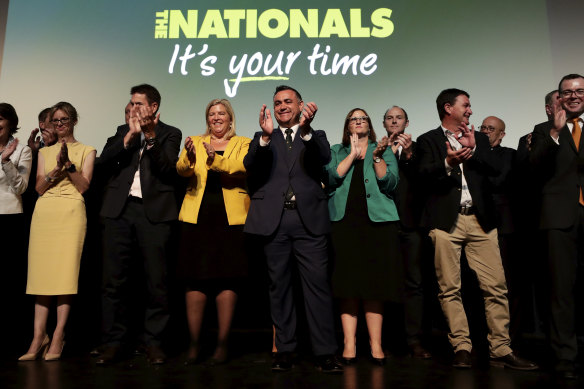 NSW Nationals leader and Deputy Premier John Barilaro (centre), on stage in February 2019 at the launch of the party's 2019 state election campaign.