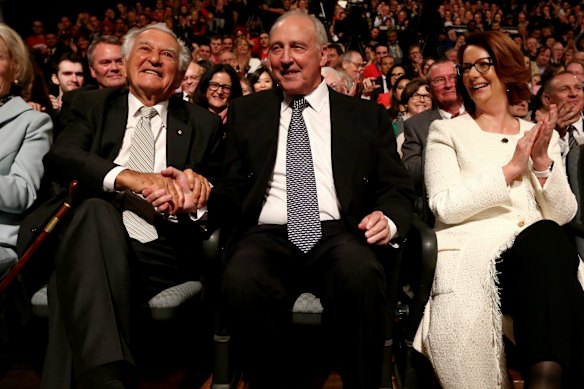 Former prime ministerd Bob Hawke, Paul Keating and Julia Gillard acknowledge the crowd as Opposition Leader Bill Shorten acknowledges their achievements during the Australian Labor Party 2016 Federal Election campaign launch in Penrith, NSW.