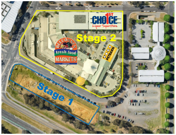 A map of where the redevelopment will occur. The main building, which is stamped by a Belconnen Markets logo (pictured next to Lathlain Street), will be demolished and replaced. The building behind it (backed by Market Street) will remain.