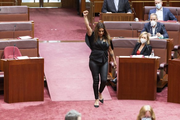 Deputy Leader of the Australian Greens in the Senate, Senator Lidia Thorpe, approaches the table to be sworn-in, in the Senate at Parliament House in Canberra on Monday 1 August 2022.