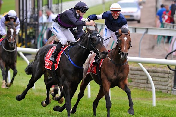 Green Moon jockey Brett Prebble, celebrates with Fiorente's rider James McDonald.