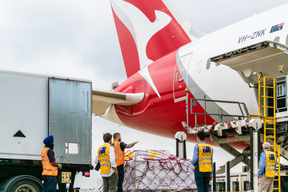 Some 450,000 Pfizer doses from the UK being loaded onto a Qantas cargo flight at Heathrow Airport bound for Sydney.