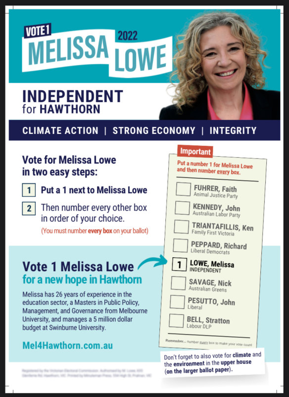 The how-to-vote card from Melissa Lowe that is the subject of a cease and desist letter.