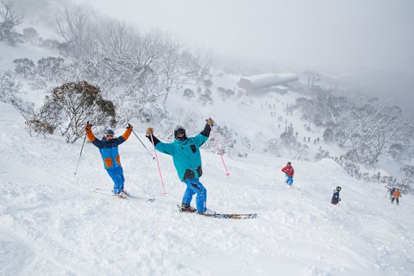 Skiers having a ball at the top.
